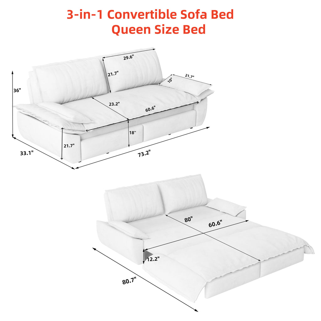 73.2" Queen Pull Out Sofa Bed - 3-in-1 Convertible Velvet Loveseat
