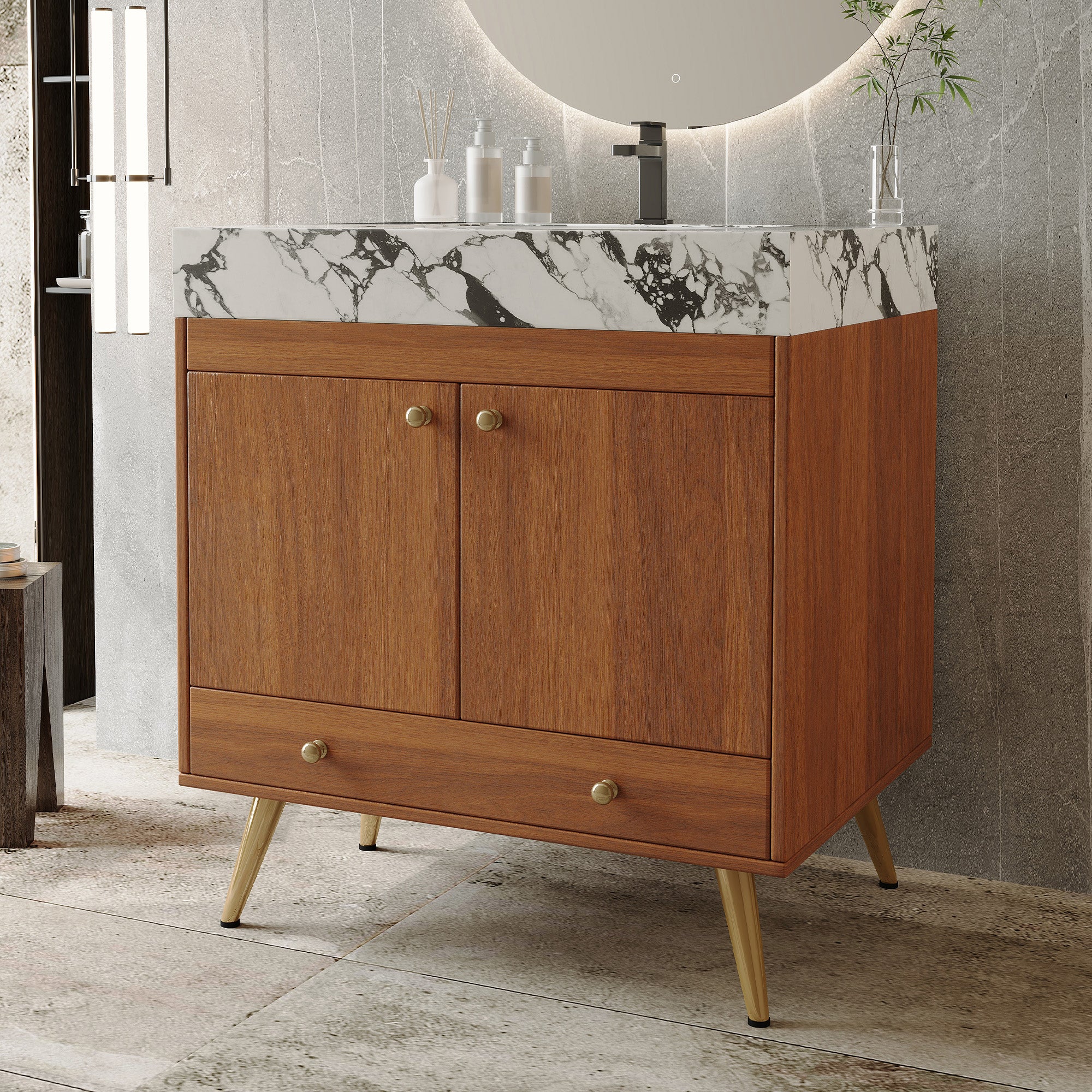 Mid-Century Freestanding Bathroom Vanity with Faux Marble Top