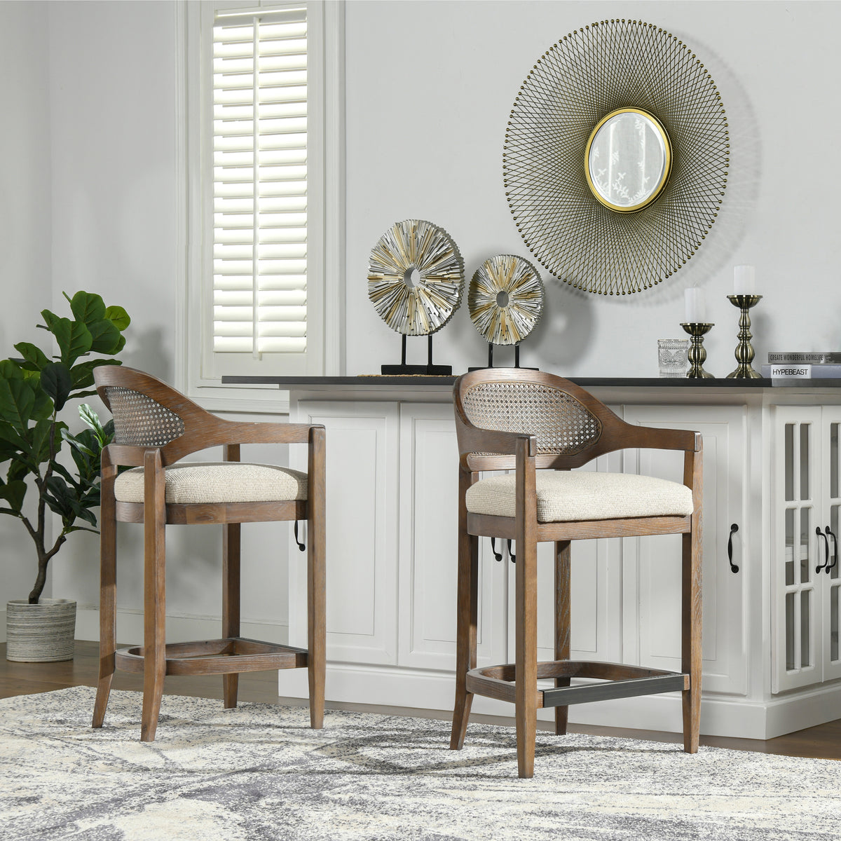 Americana Mid-Century Modern Counter Stool, 26-Inch Cane Back, Beige