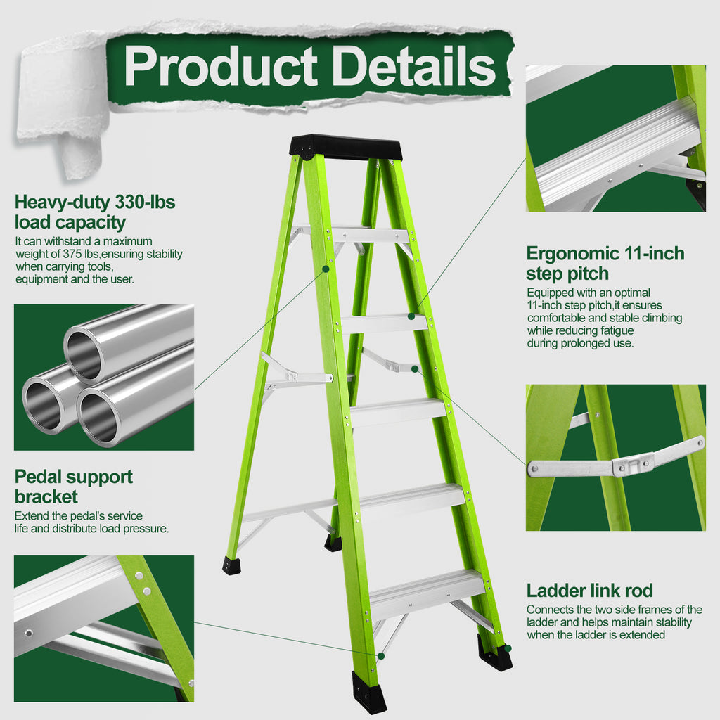 Fiberglass Ladder with Tool Tray, 330lbs Capacity and 7 Steps