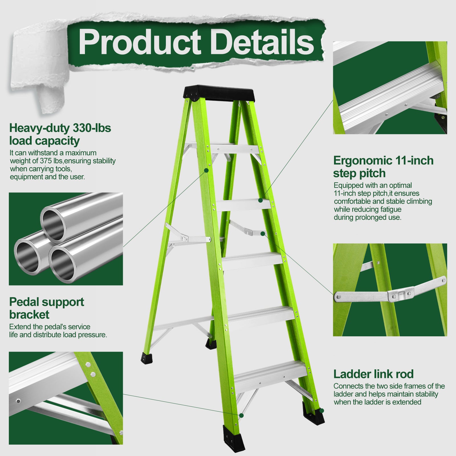 Fiberglass Ladder with Tool Tray, 330lbs Capacity and 7 Steps