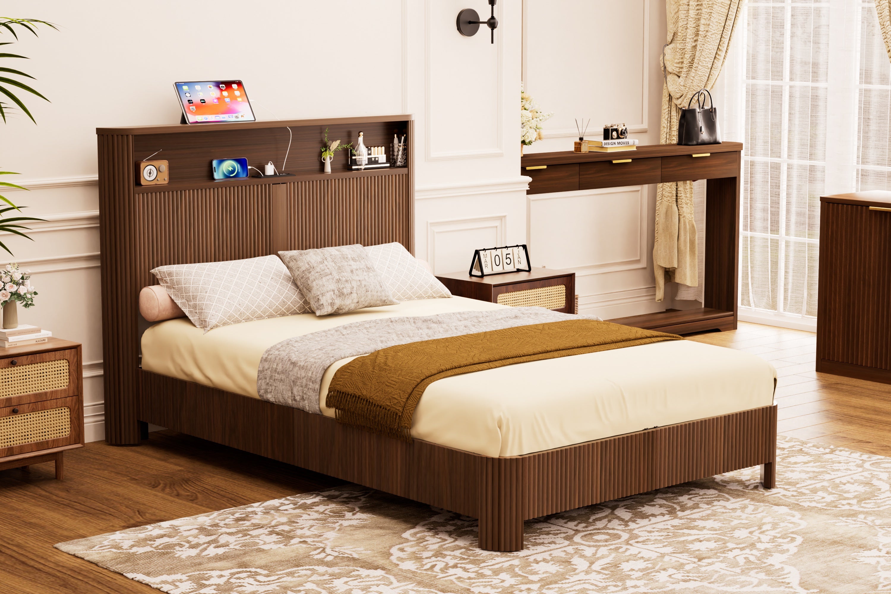Full Extra Long Size Bed Frame with Storage Headboard