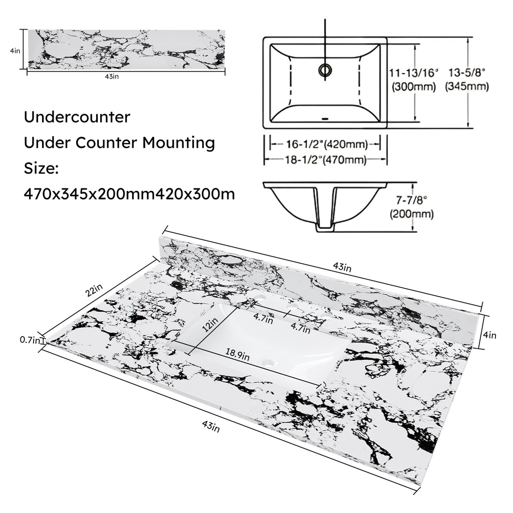 43"x22" Bathroom Vanity Top with Undermount Sink and Backsplash