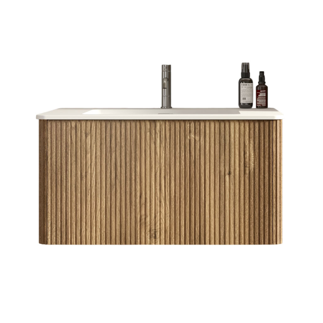 Etna 30-Inch Oak Striped Bathroom Vanity with White Solid Surface Sink