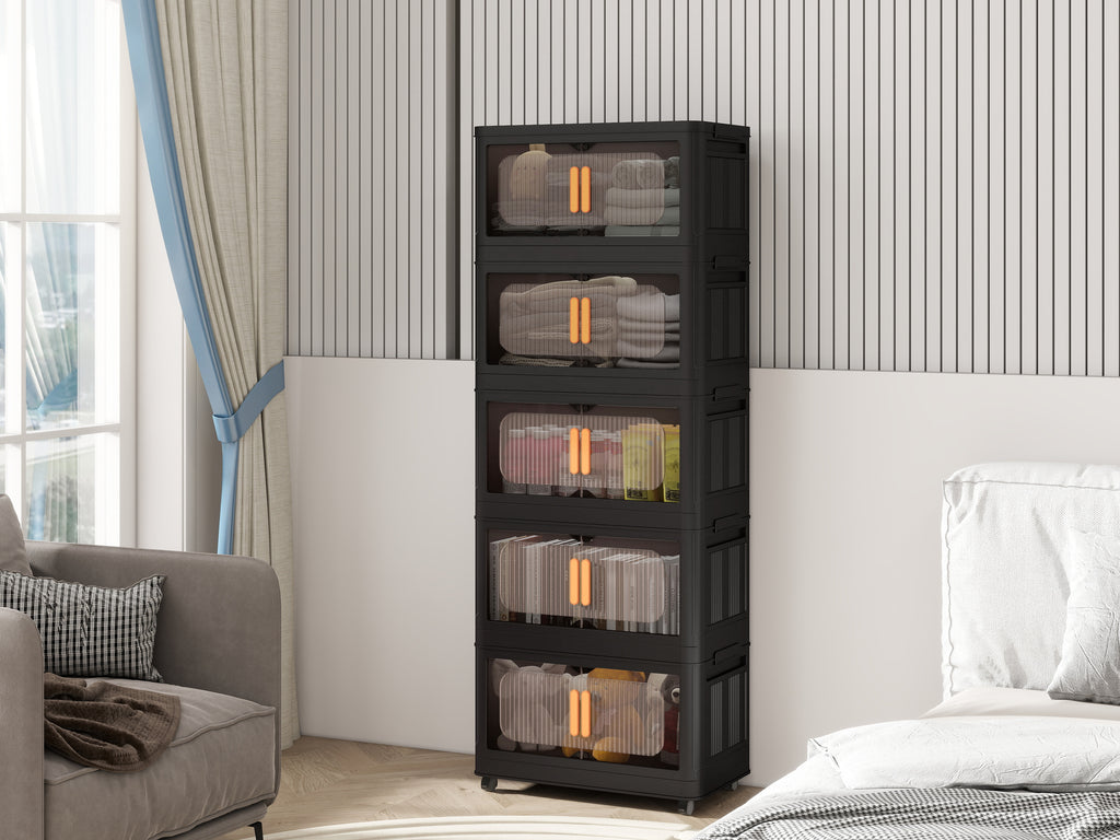 Black 24" Side Wide Folding Storage Cabinet - 5 Tiers
