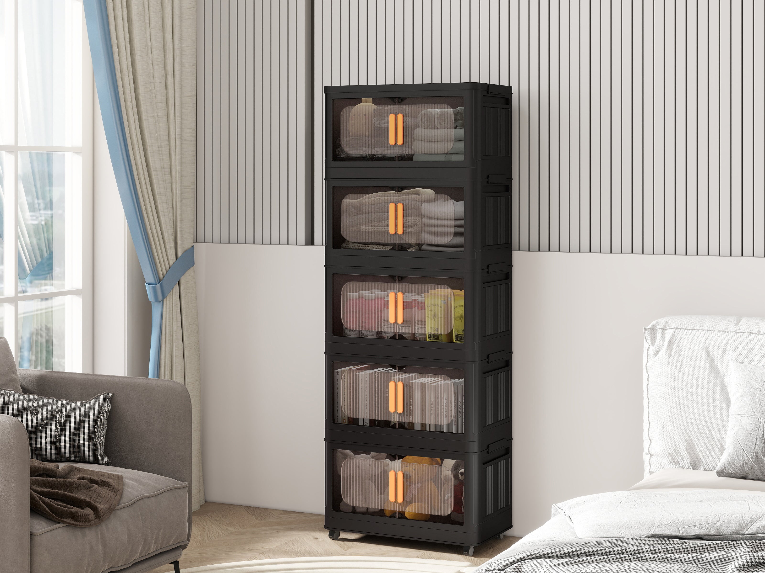 Black 24" Side Wide Folding Storage Cabinet - 5 Tiers