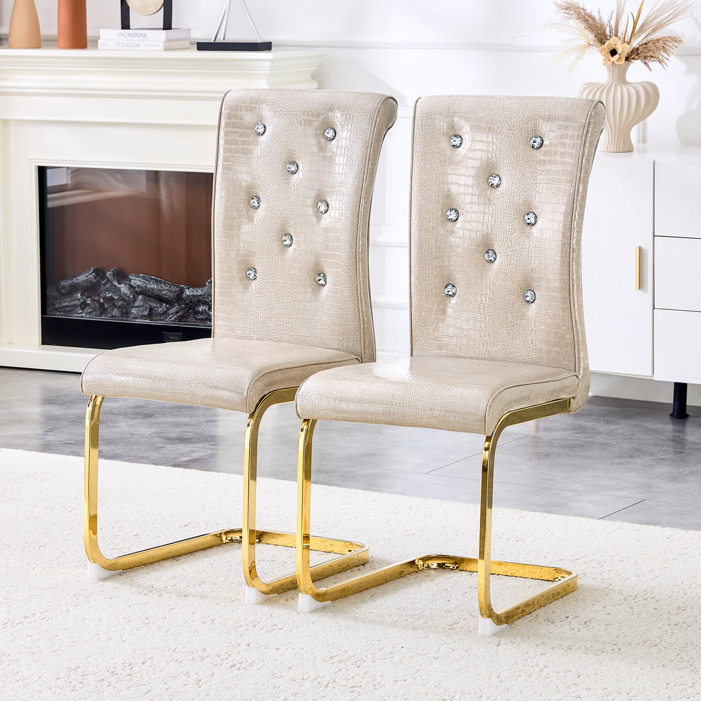 Set of 4 Retro Alligator Skin Dining Chairs, Beige Faux Leather with Crystal Buckles