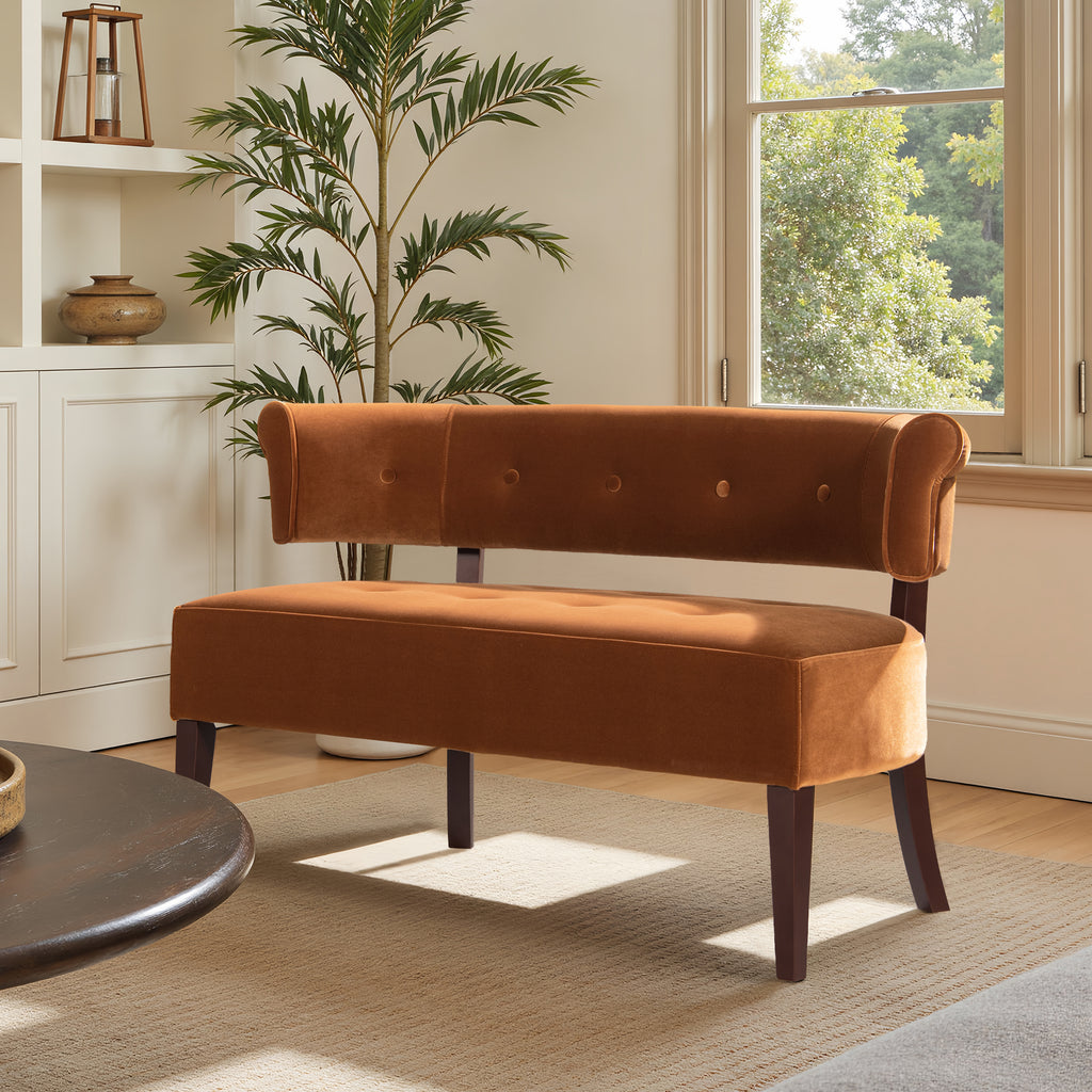 Jared Roll Arm Tufted Bench Settee, Burnt