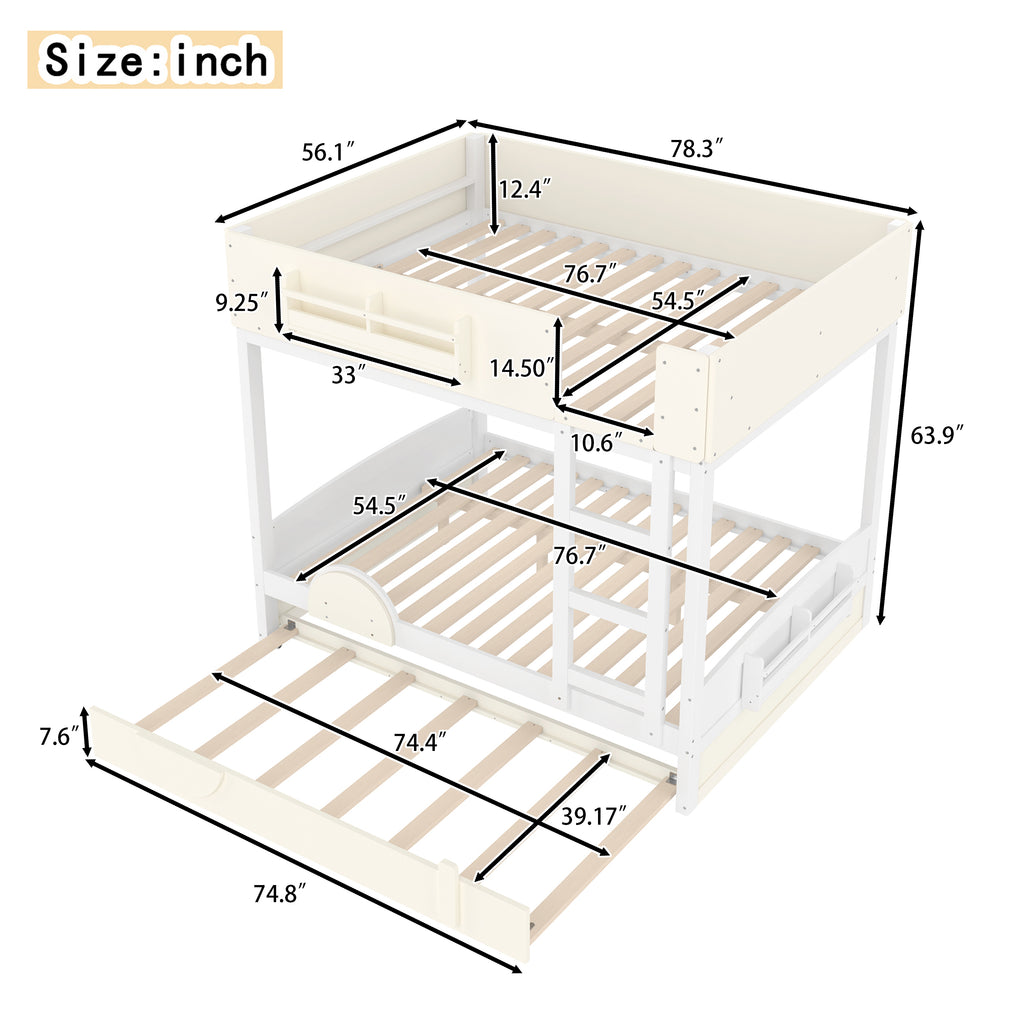 Full Bunk Bed with Trundle, White & Beige