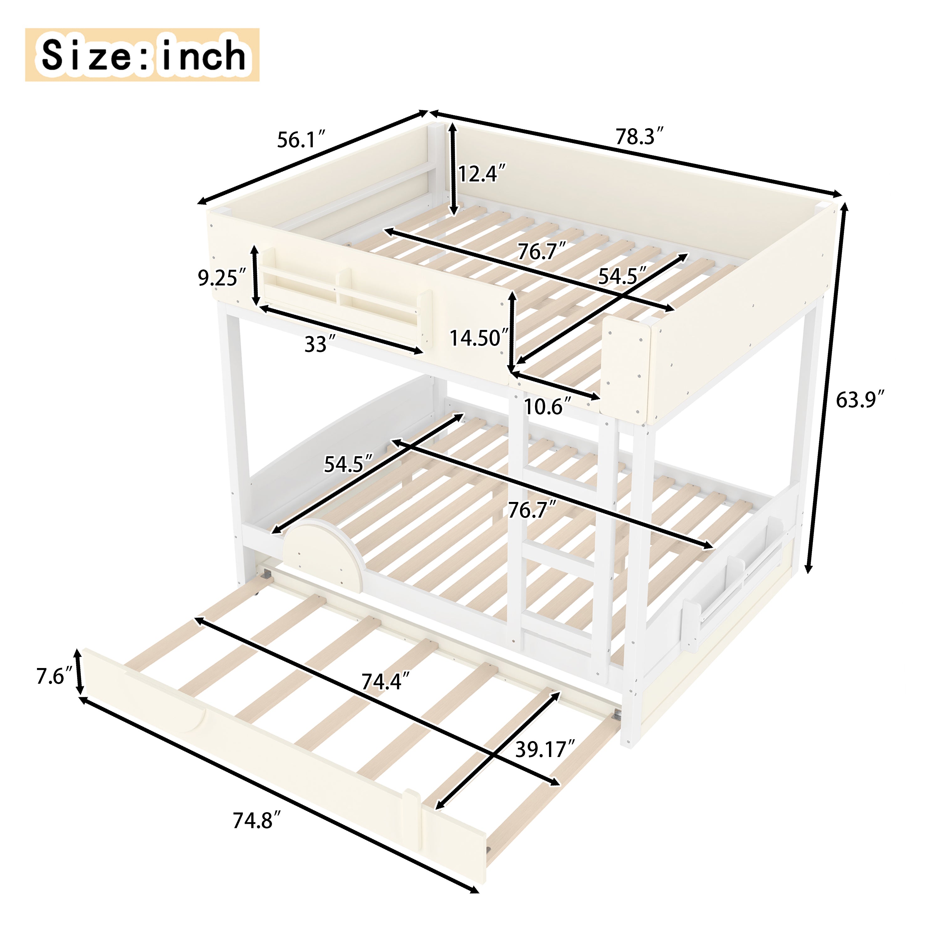 Full Bunk Bed with Trundle, White & Beige
