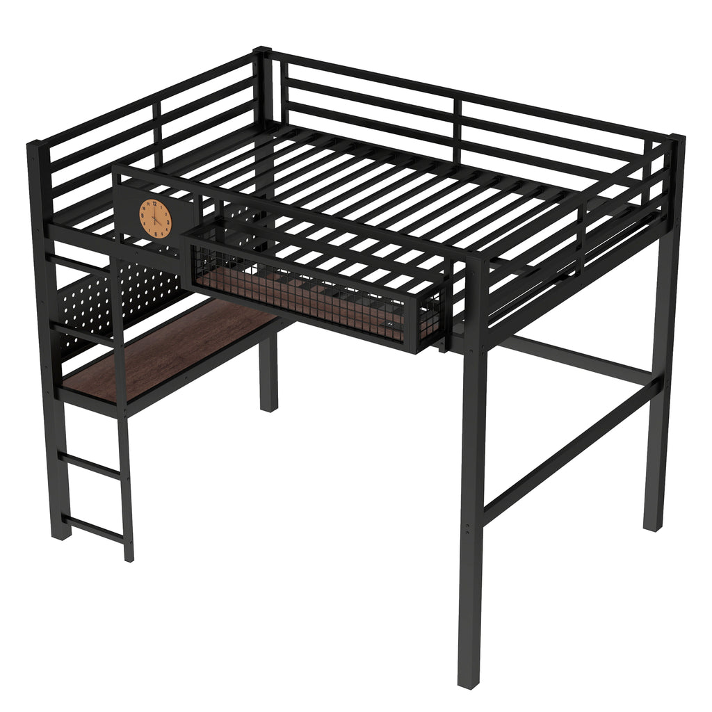 Full Size Loft Bed Frame with Desk and Storage Basket