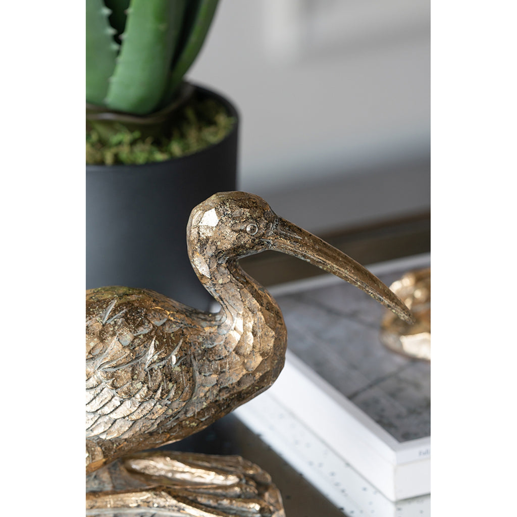 Kneeling Crane Figurine, 7.1 x 10.4 inches, Antique Gold Resin