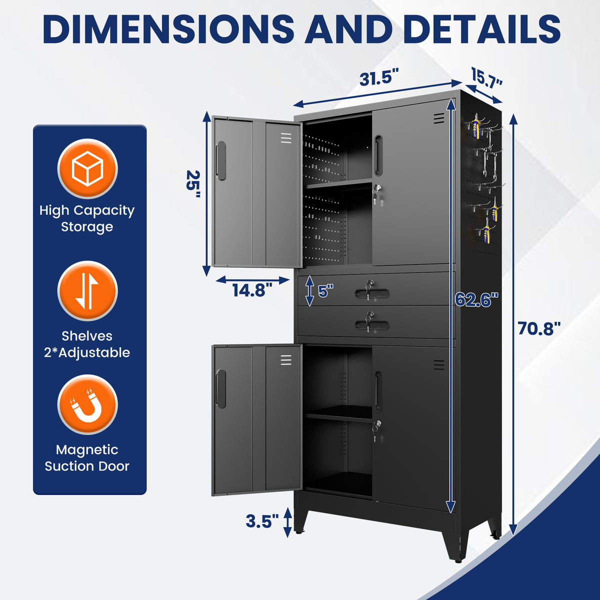 Tall Metal Storage Cabinet with Lockable Drawers and Side Hooks, 70.8-Inch, Black
