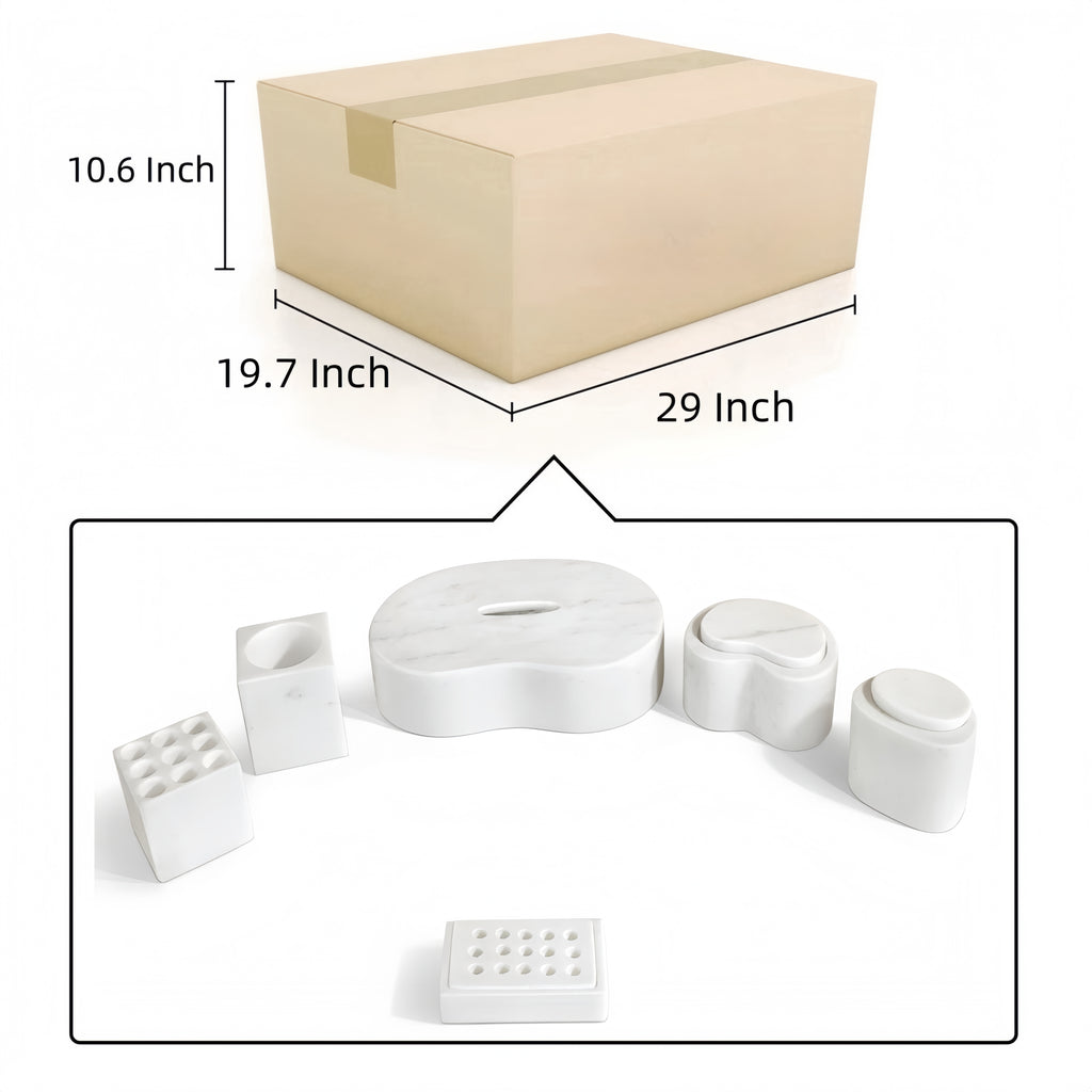 White Natural Marble 6-Piece Bathroom Accessories Set, Honed Finish