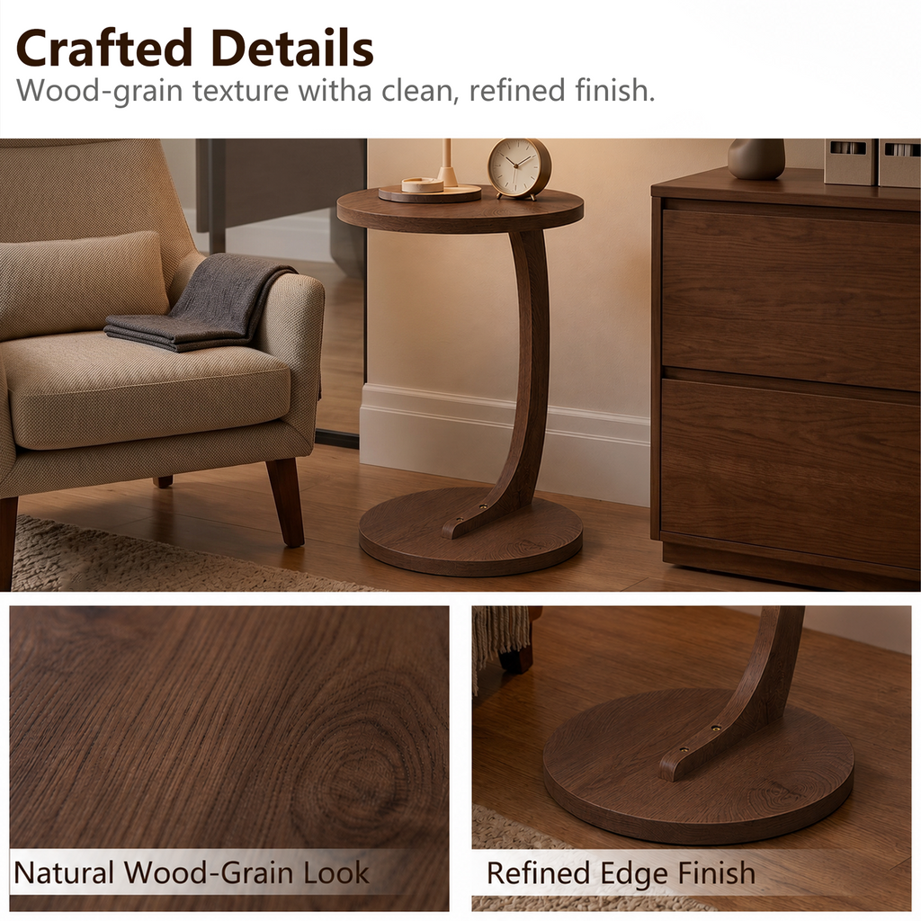 C-Shaped End Table, 14.96-Inch Round, Walnut