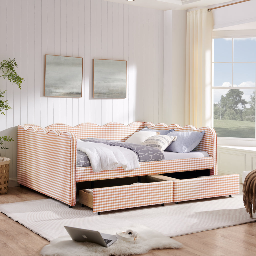 Queen Size Cozy Gingham Daybed with Storage Drawers