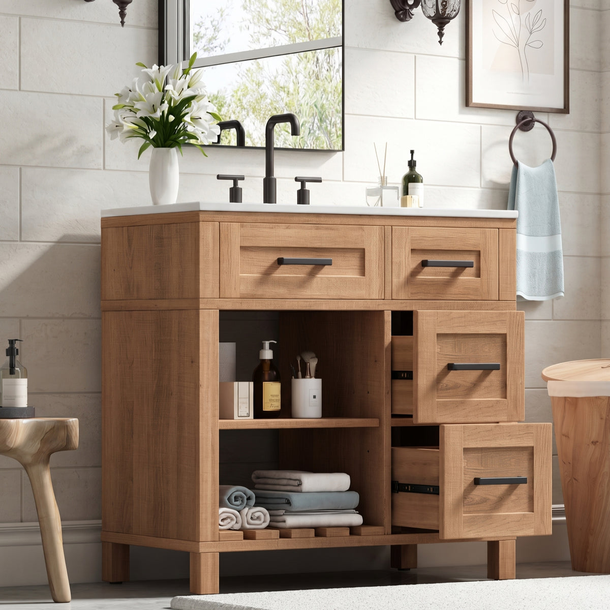 30 Inch Bathroom Vanity with SMC Sink, Ample Storage Space with 2 Drawers, Adjustable Shelves & Open Breathable Hollow Shelf, Solid Wood Legs and Matte