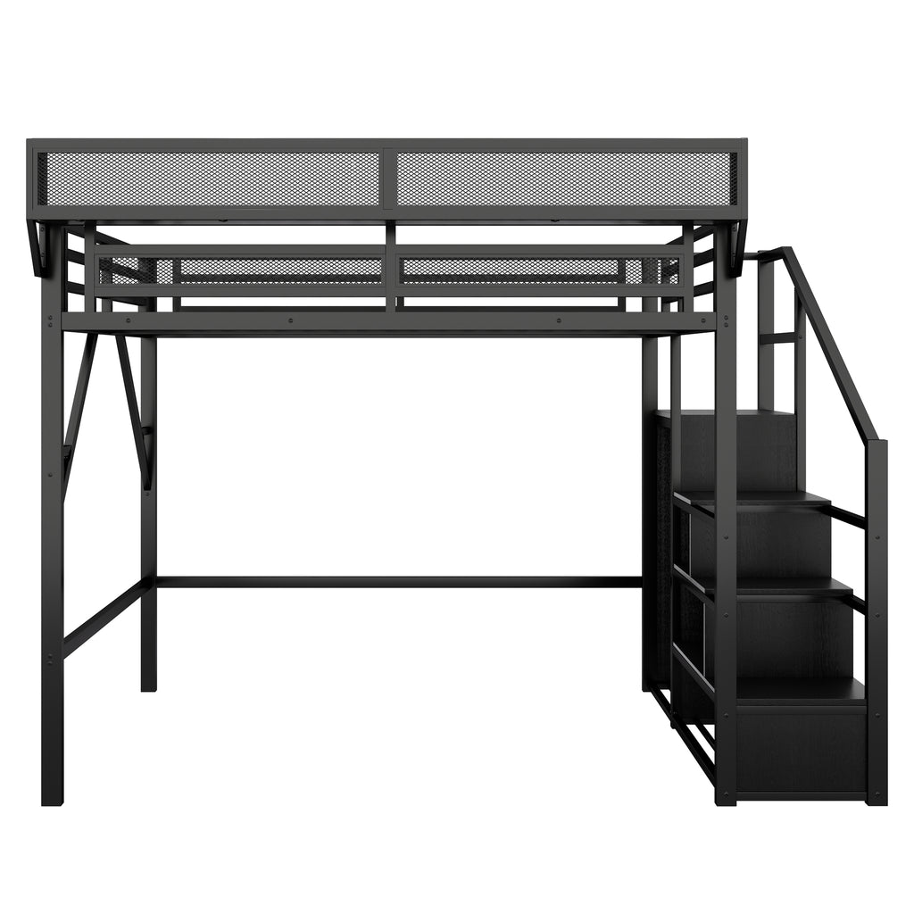 Full Size Loft Bed with Stairs and Storage Shelves