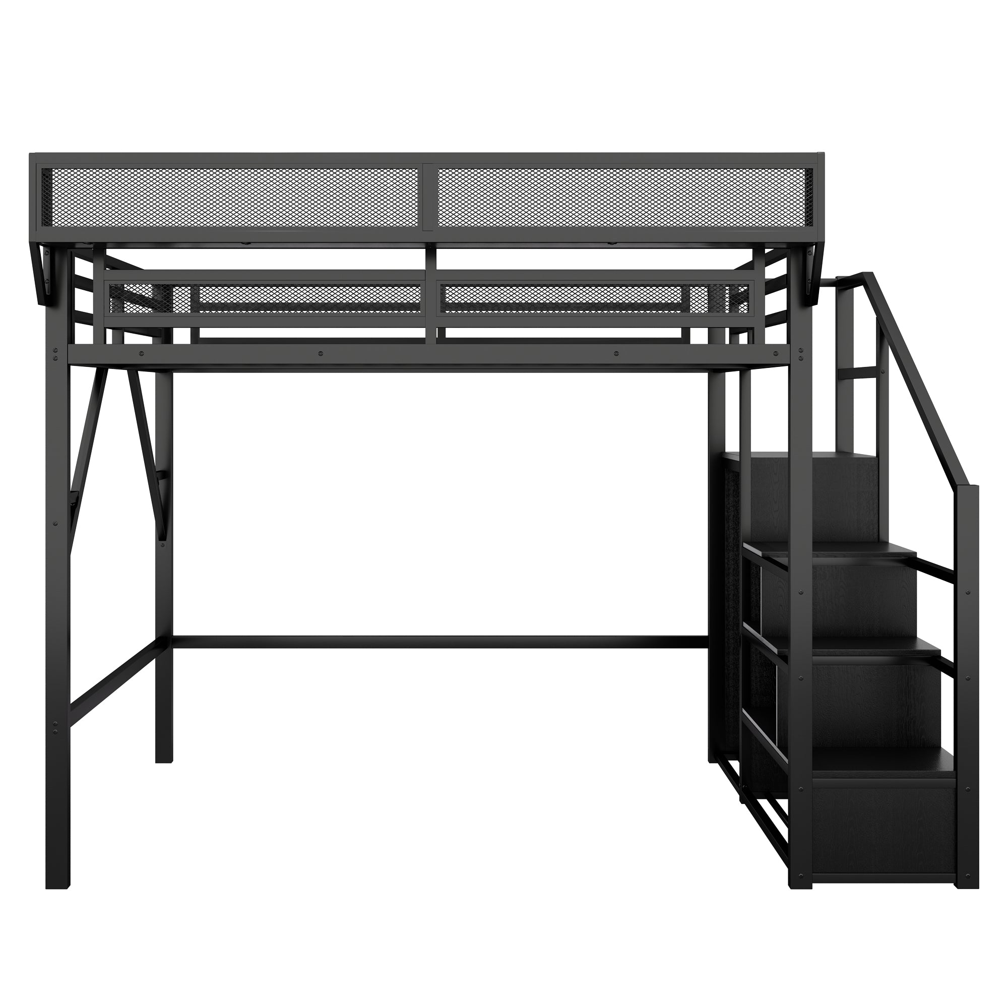 Full Size Loft Bed with Stairs and Storage Shelves
