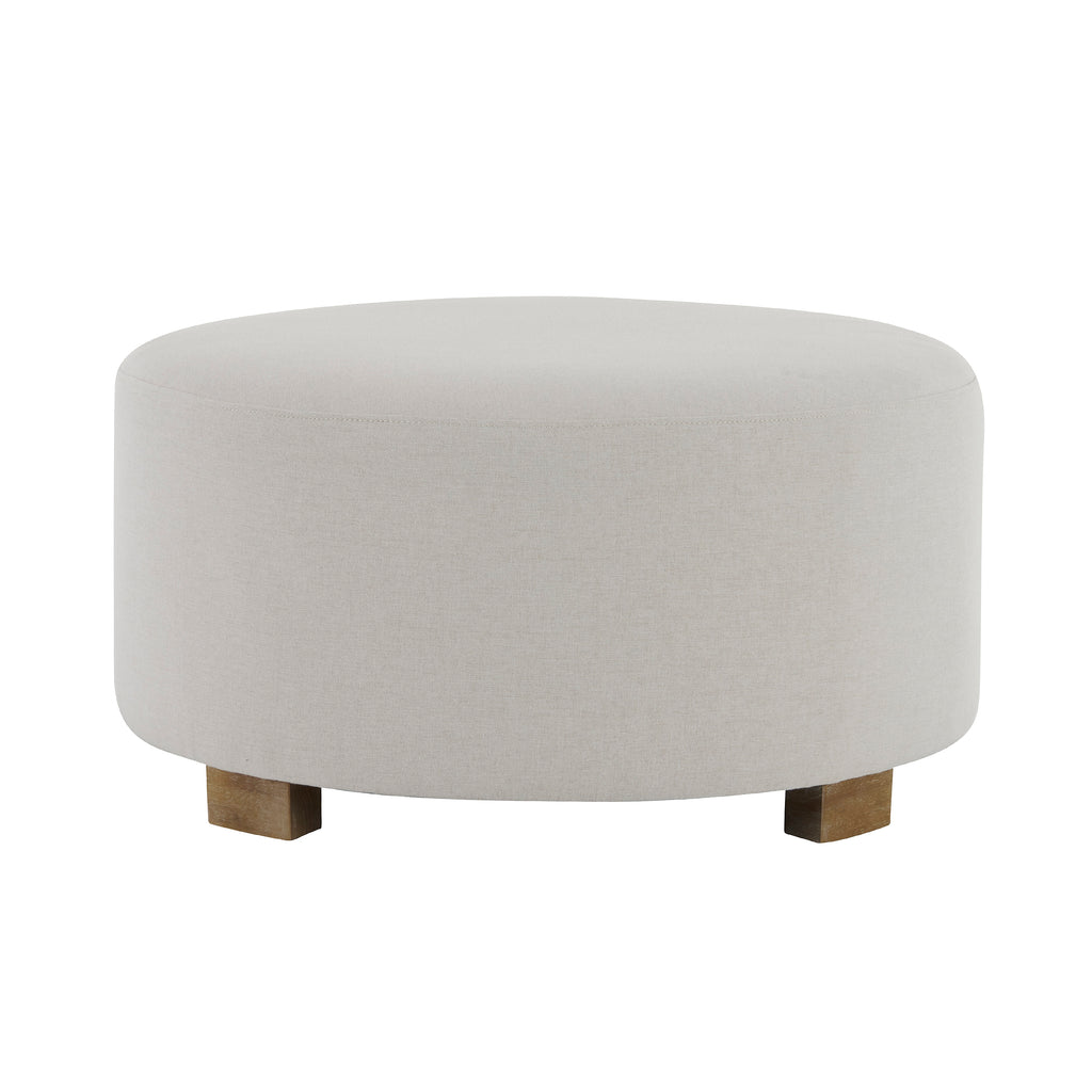 White Fabric Round Ottoman with Wooden Legs