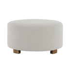 White Fabric Round Ottoman with Wooden Legs