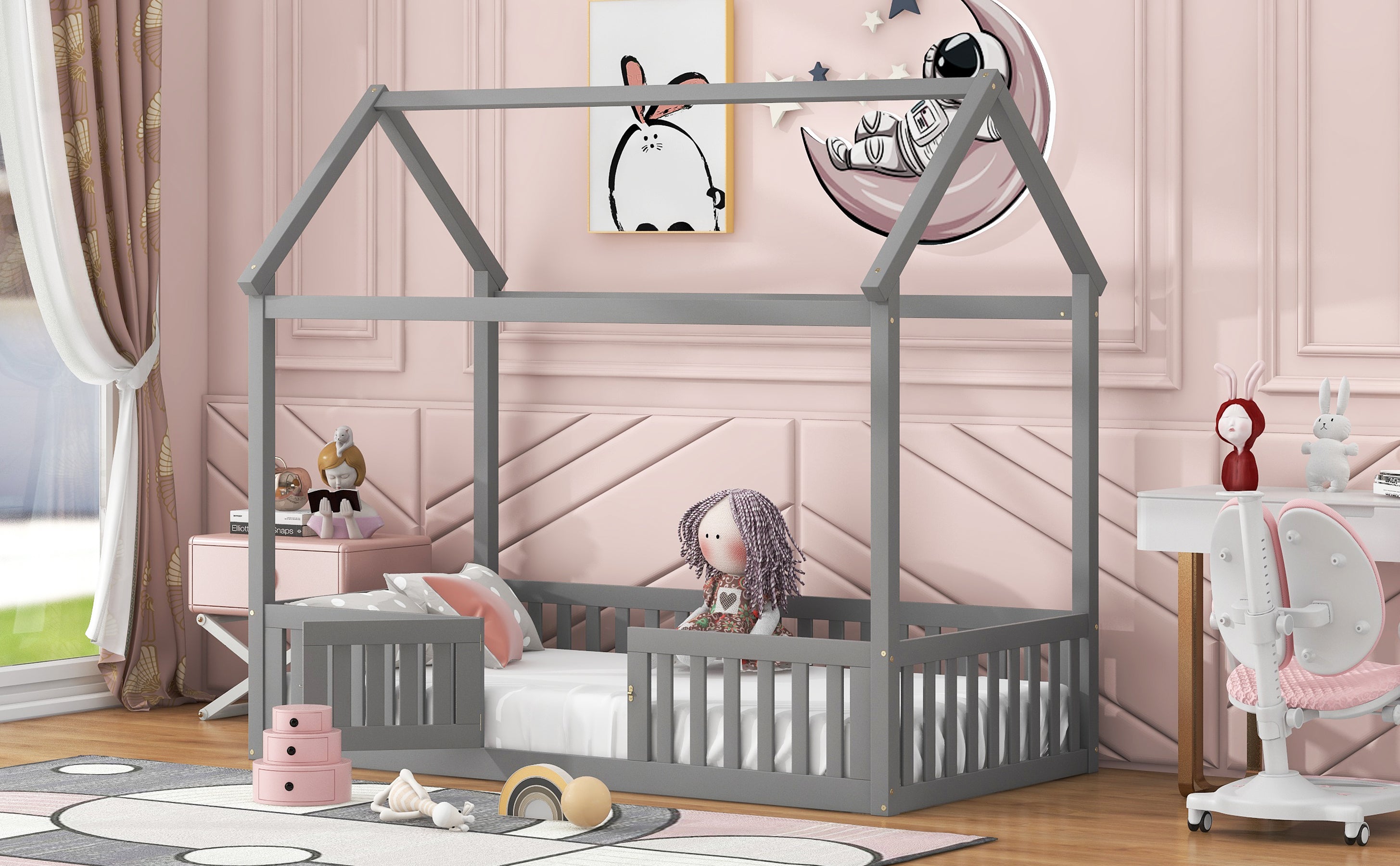 Twin Size Wood House Bed with Fence and Door - Gray