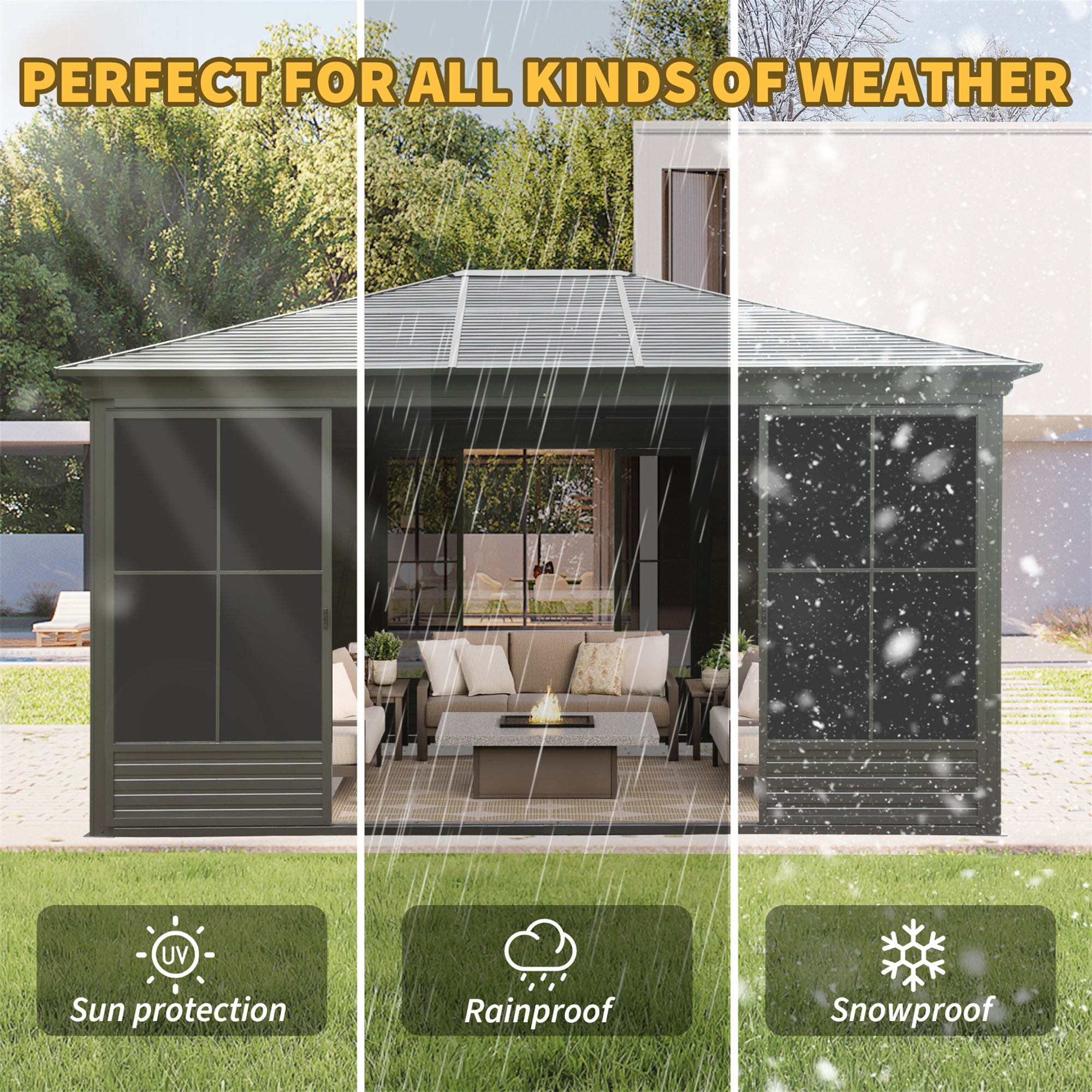 12x14FT Outdoor Sunroom, Galvanized Steel Hardtop Gazebo
