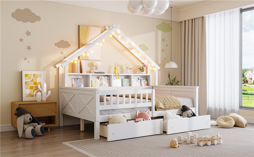 Wood Full Size House Platform Bed with LED, Storage Shelves, Drawers and Guardrail