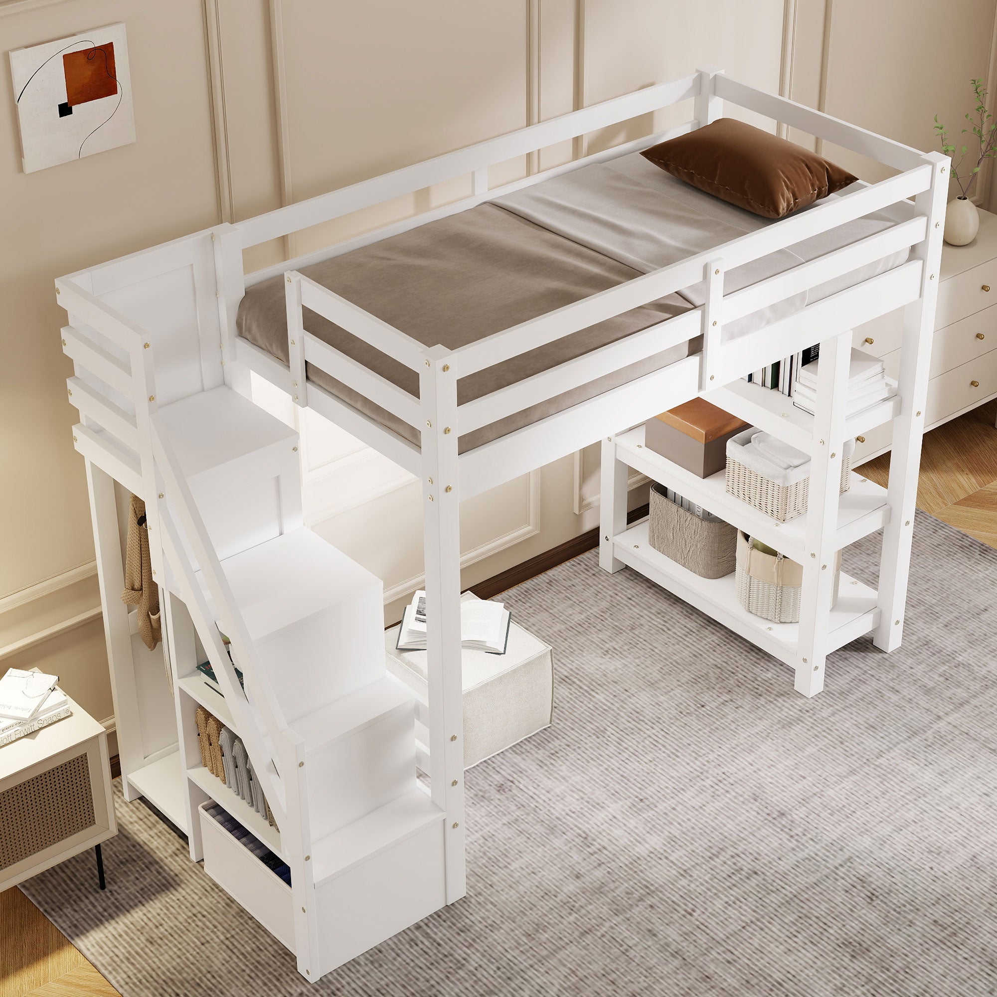 Twin Size Loft Bed with Shelves and Storage Staircase