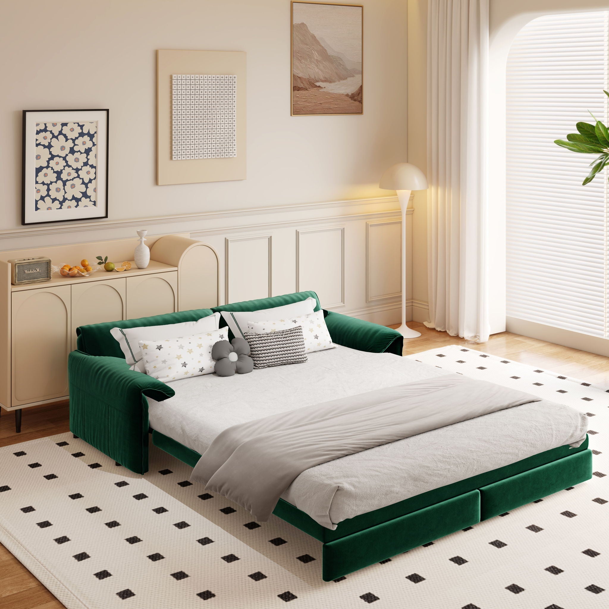 Queen Pull Out Sofa Bed, 3-in-1 Convertible Sleeper Sofa with Side Storage