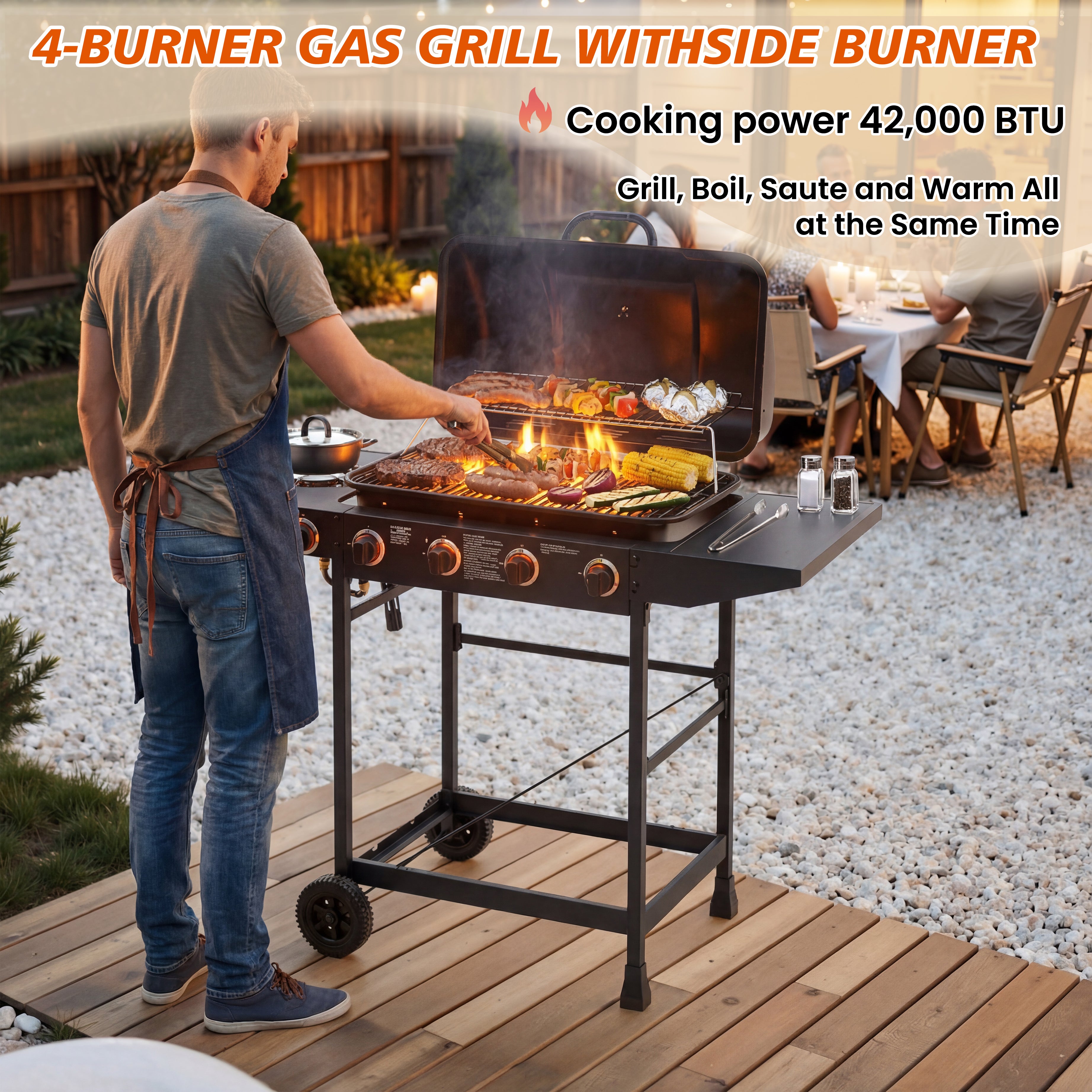 4 Burner BBQ Propane Gas Grill with Side Burner