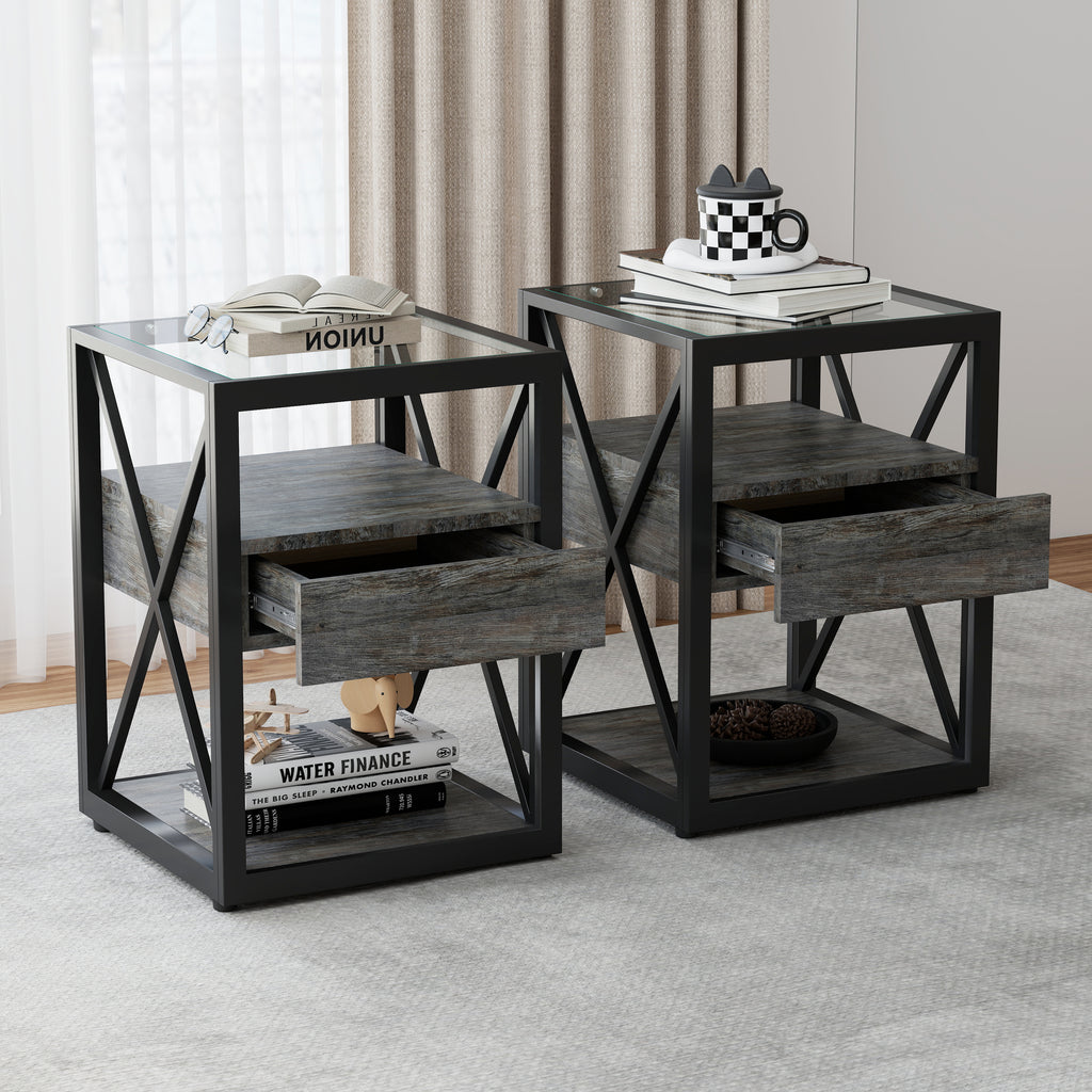 Set of 2 Modern End Table with Drawer