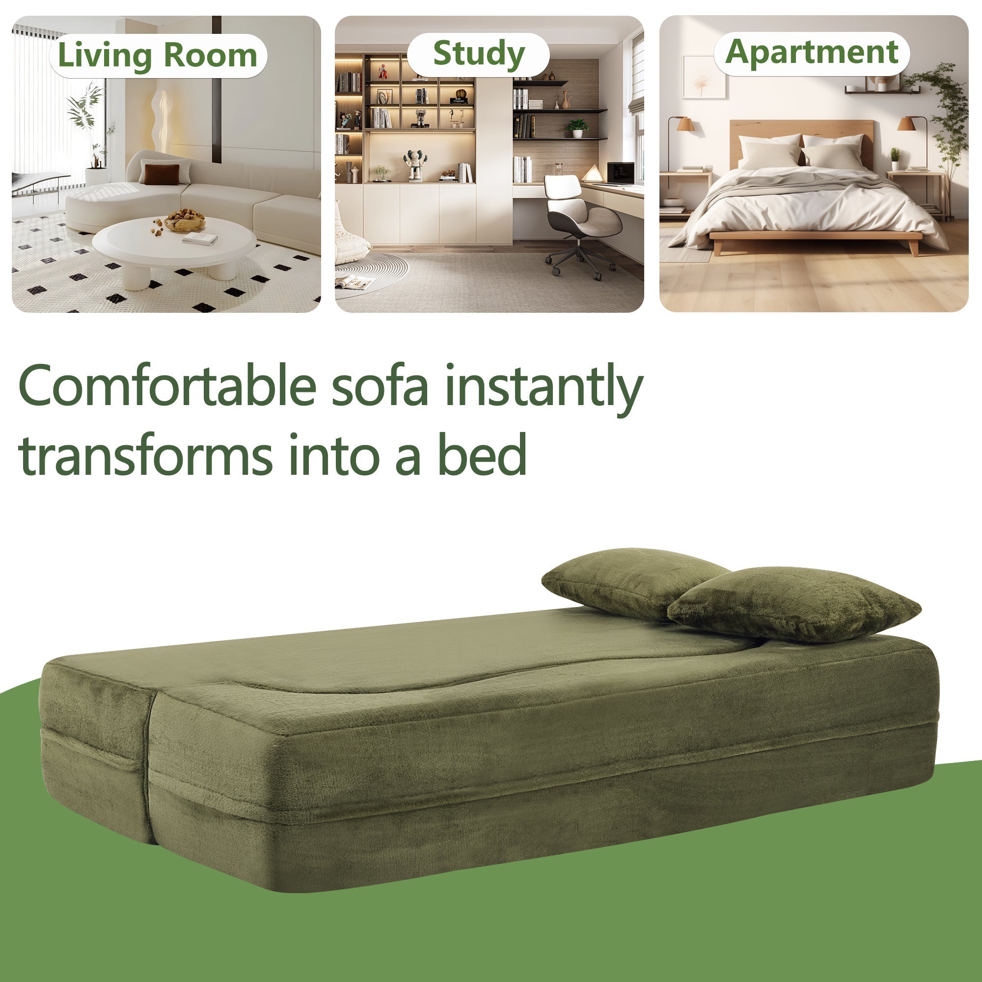 71-Inch Folding Sofa Bed in Green Plush Faux Fur