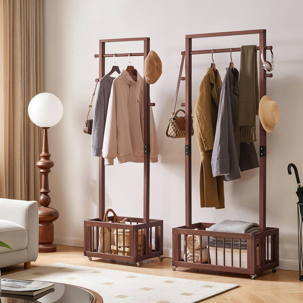 Solid Wood Freestanding Coat Rack with Storage Basket