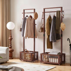 Solid Wood Freestanding Coat Rack with Storage Basket