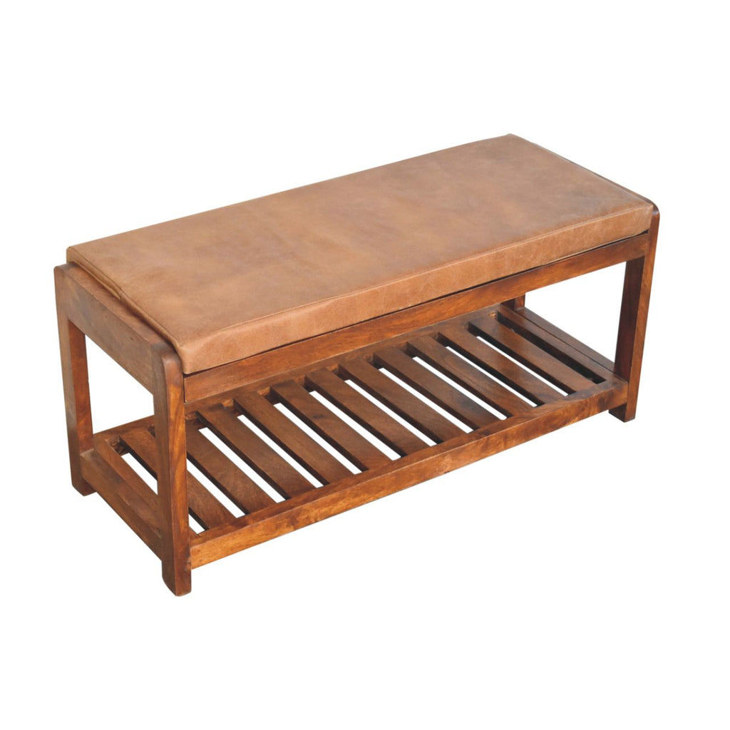 Solid Wood Small Buffalo Slatted Bench with Open Storage