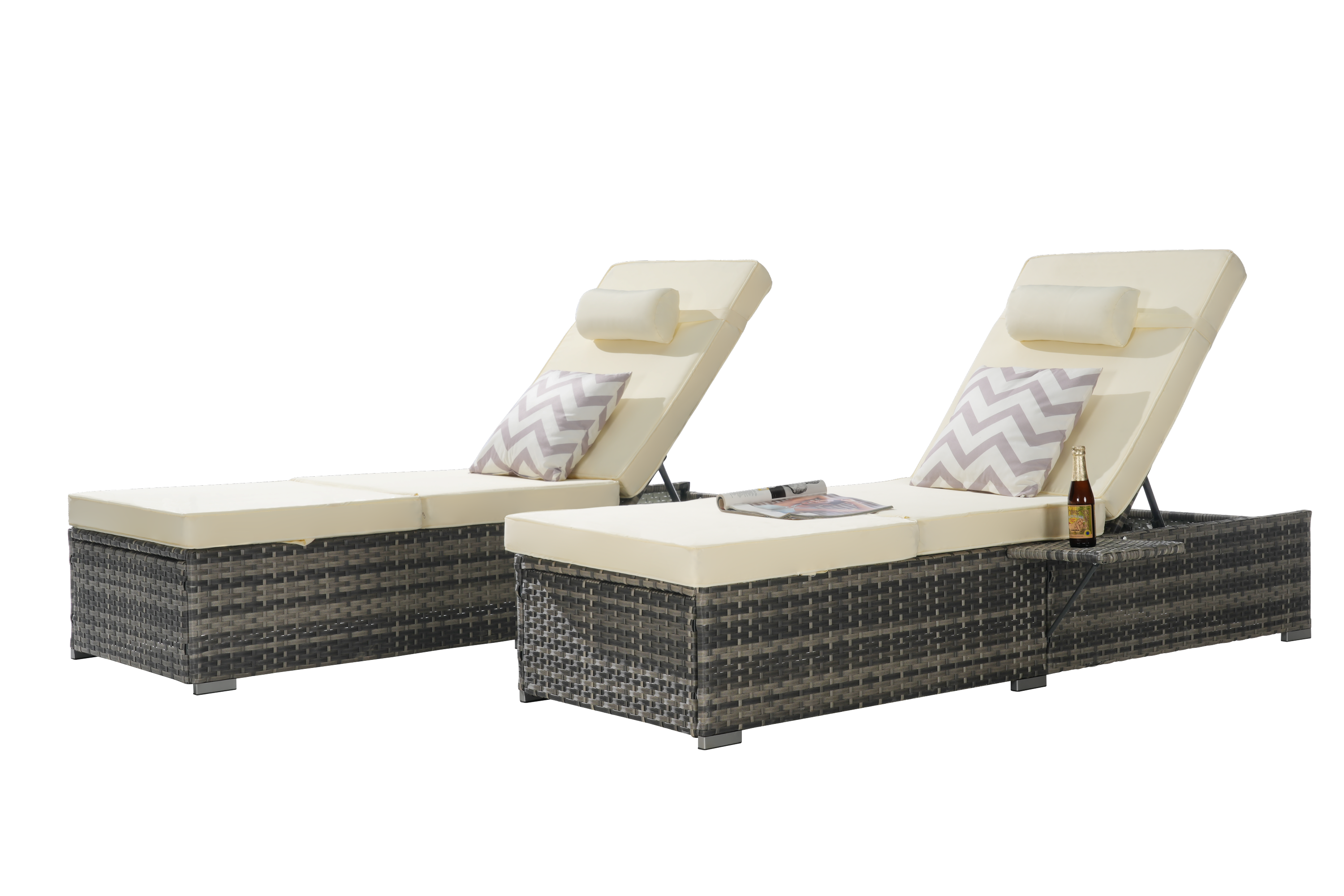 Outdoor Chaise Lounge Chair Set of 2 with Storage and Cushions