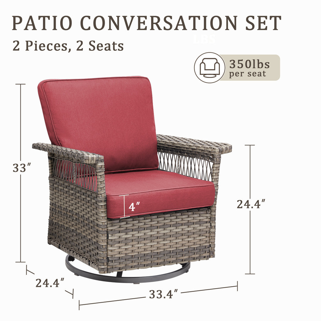 2 Piece Swivel Rocker Patio Chairs Set with 5-Inch Armrest and Thick Cushion, Gray/Red