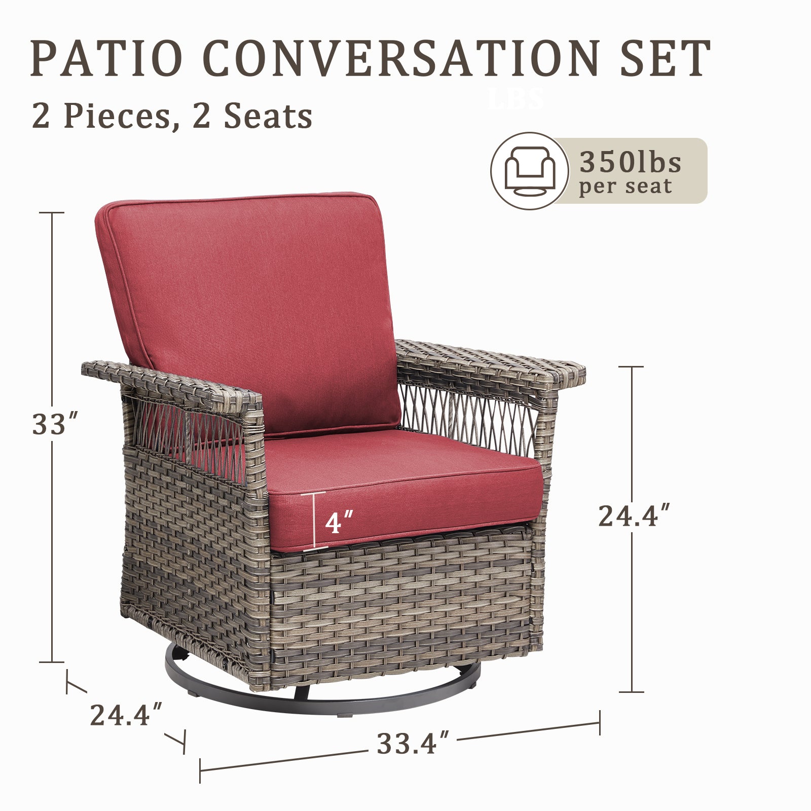 2 Piece Swivel Rocker Patio Chairs Set with 5-Inch Armrest and Thick Cushion, Gray/Red