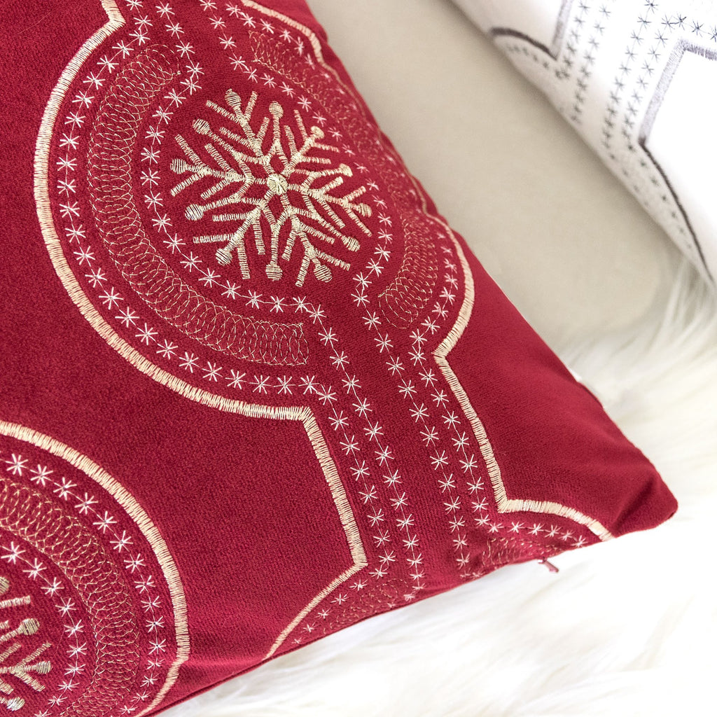 Red Holiday Embroidered Velvet Throw Pillow with Insert - Set of 2