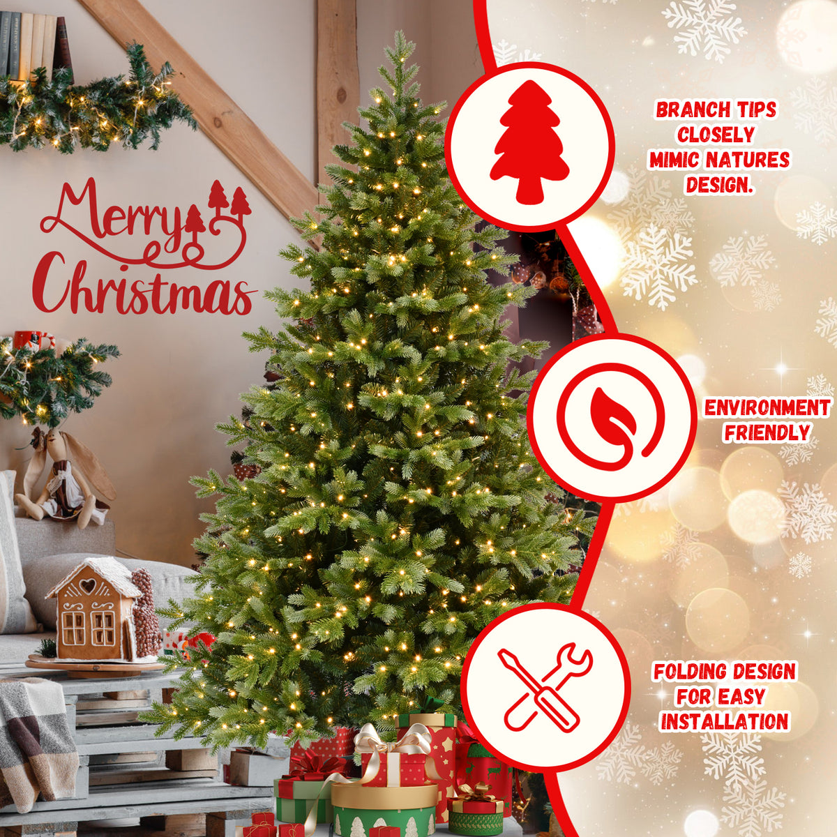 7-Foot Dual-Tone PE & PVC Artificial Christmas Tree, 800 Warm White LED Lights