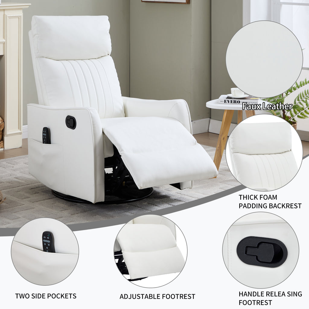 White Heat Massage Manual Recliner Chair with Rocker and Swivel