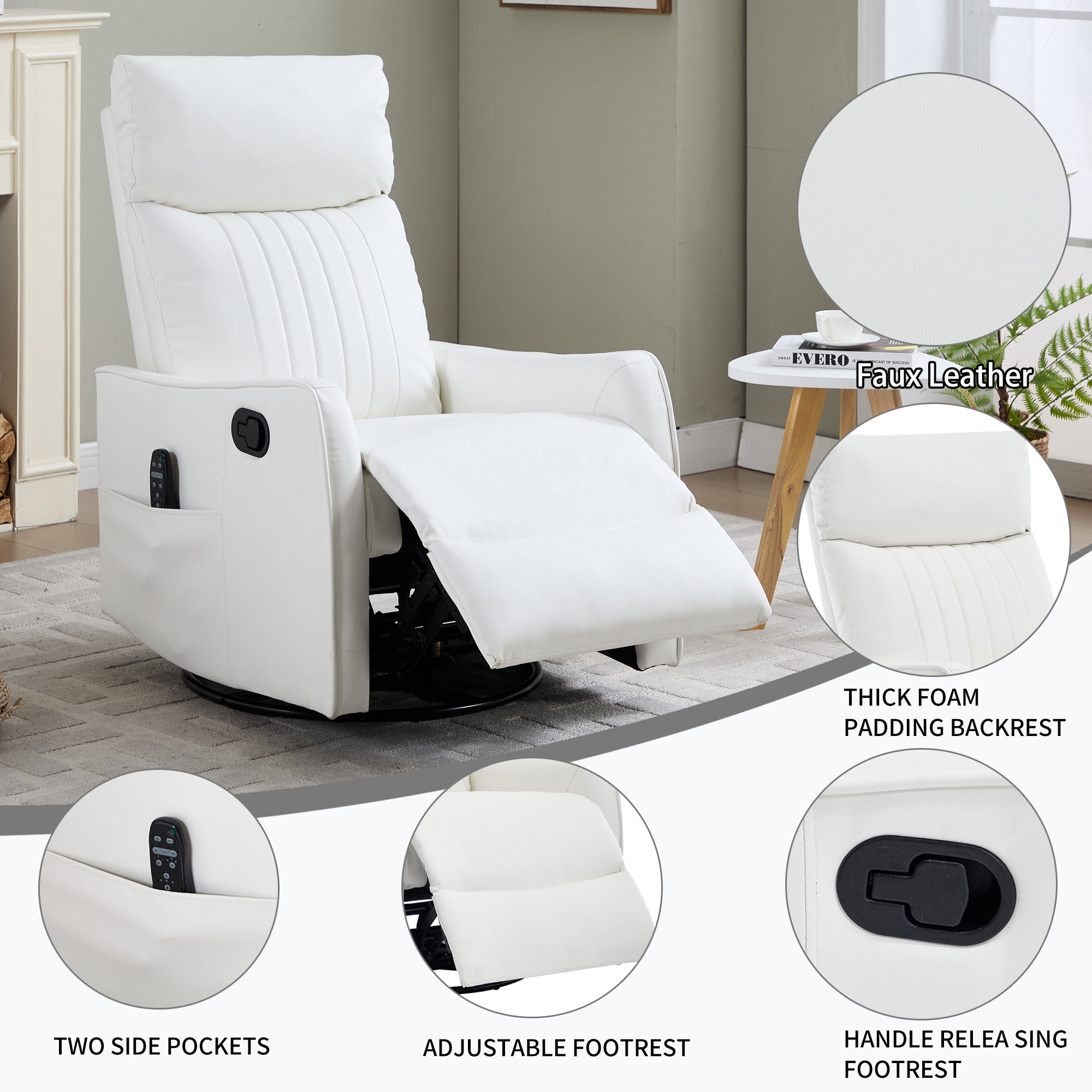 White Heat Massage Manual Recliner Chair with Rocker and Swivel