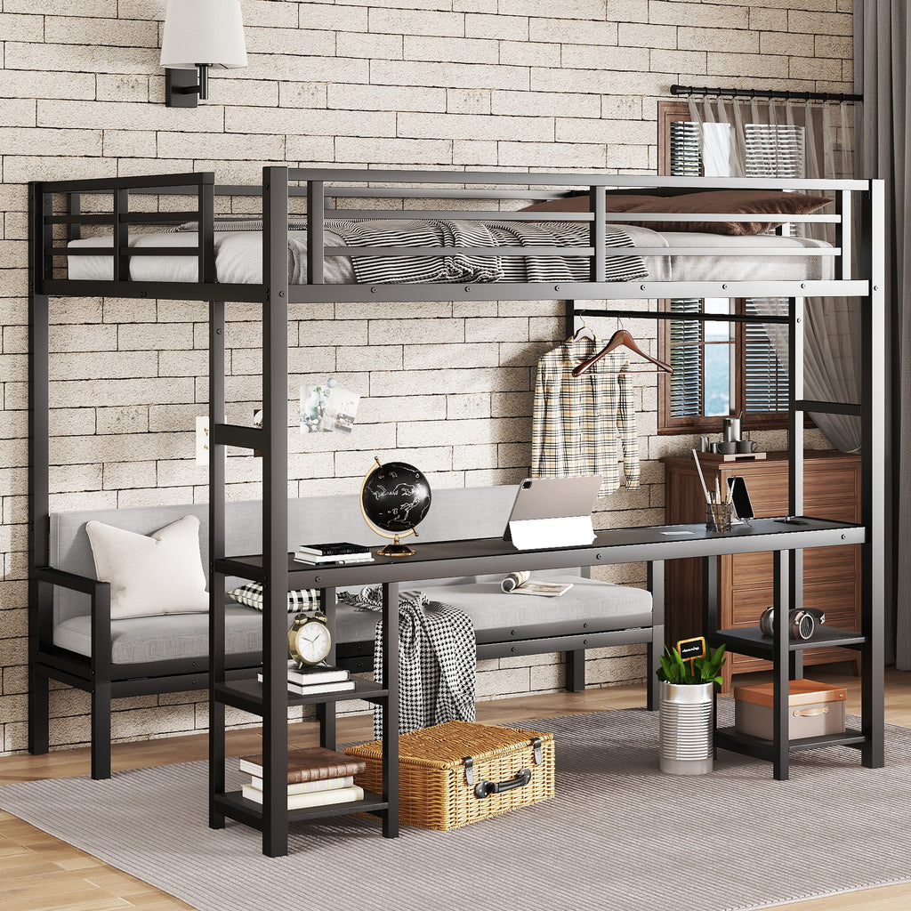 Queen Over Twin XL Metal Bunk Bed with Desk and Shelves