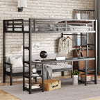 Queen Over Twin XL Metal Bunk Bed with Desk and Shelves