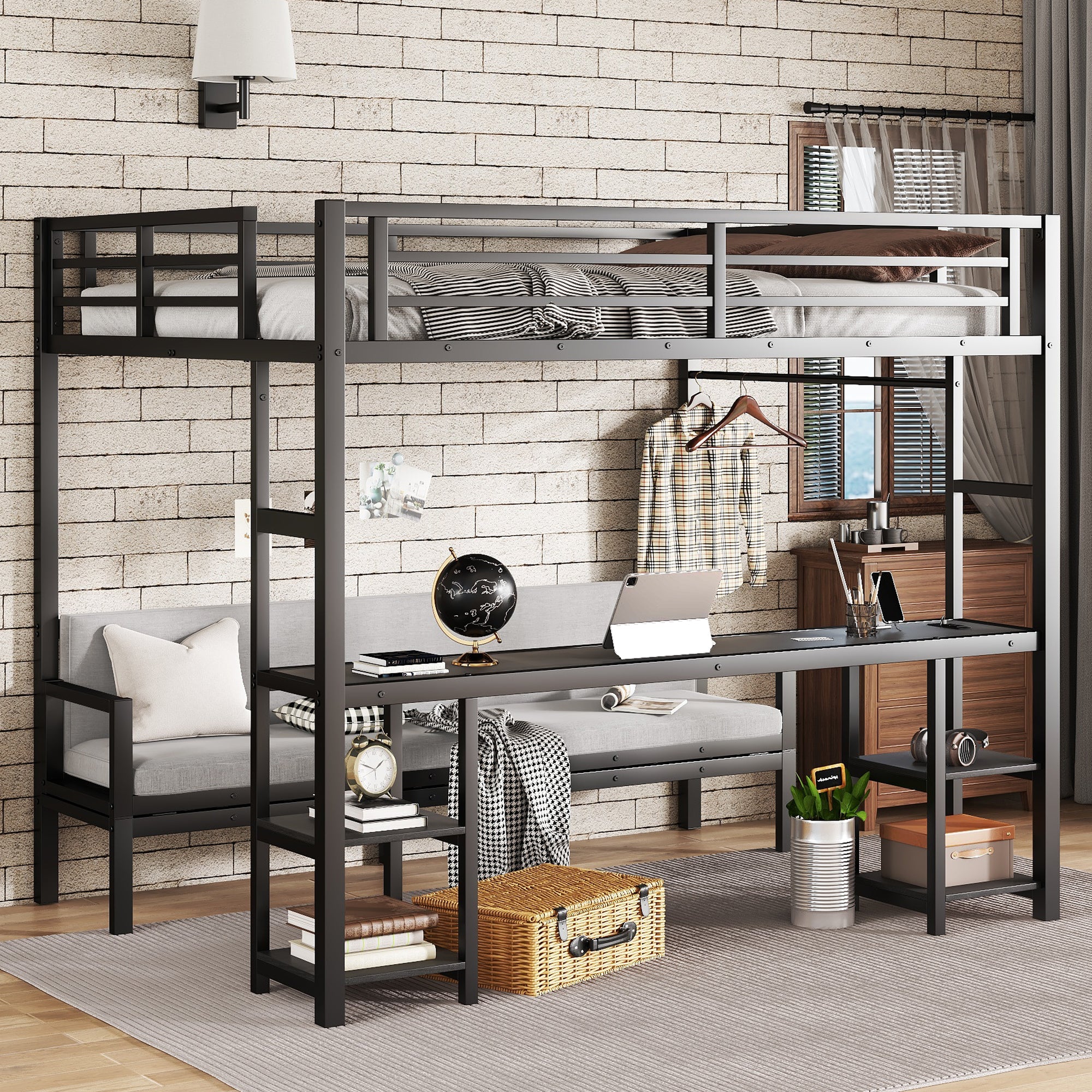 Queen Over Twin XL Metal Bunk Bed with Desk and Shelves