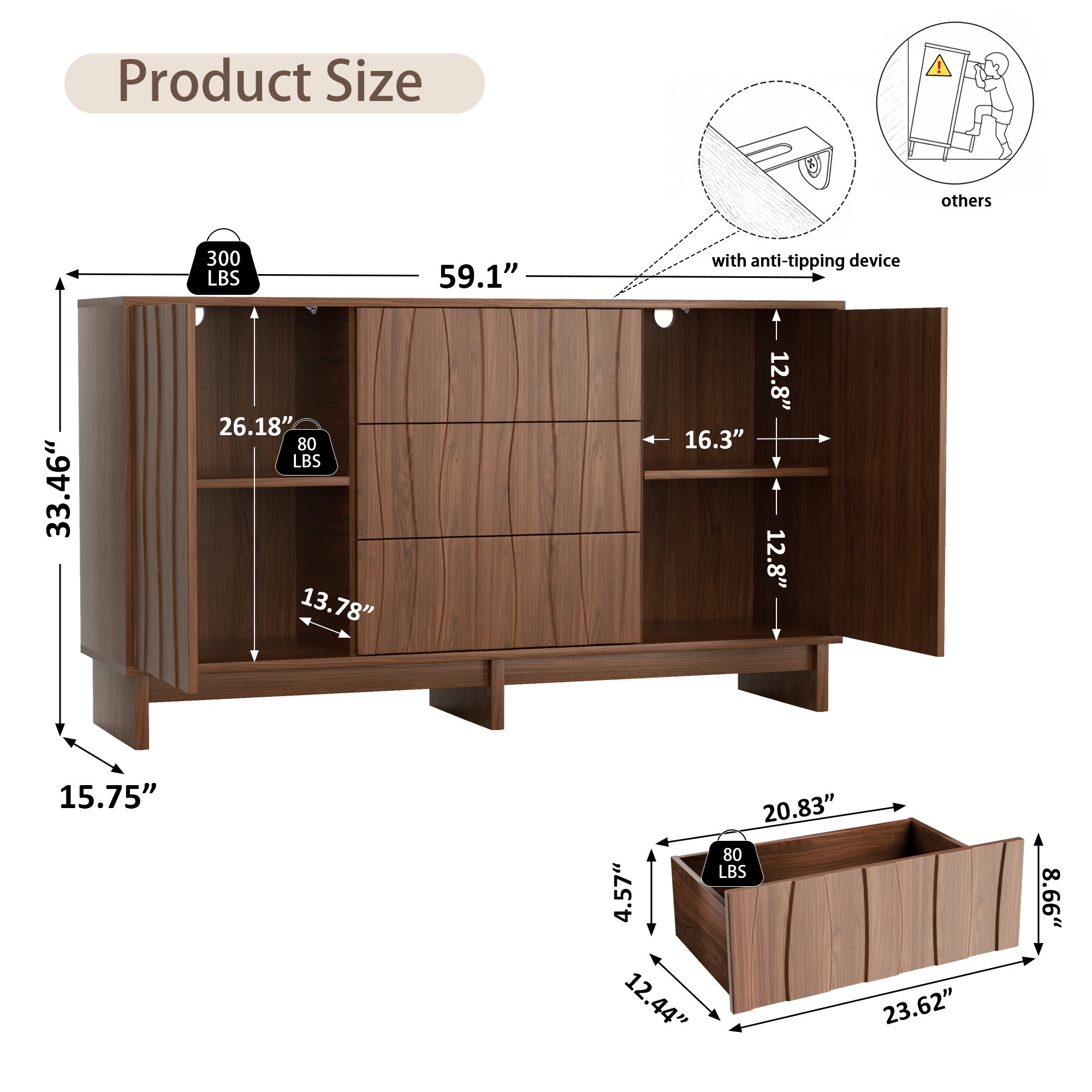 59.1" Buffet Sideboard with 2 Doors and 3 Drawers