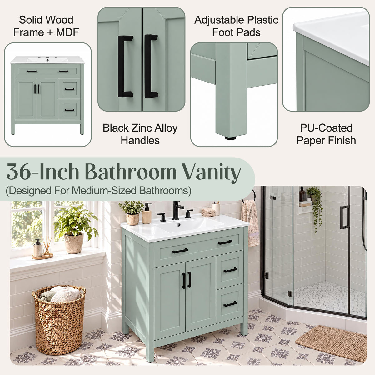 36-Inch Bathroom Vanity with Ceramic Sink, Soft-Close Doors, Sage Green