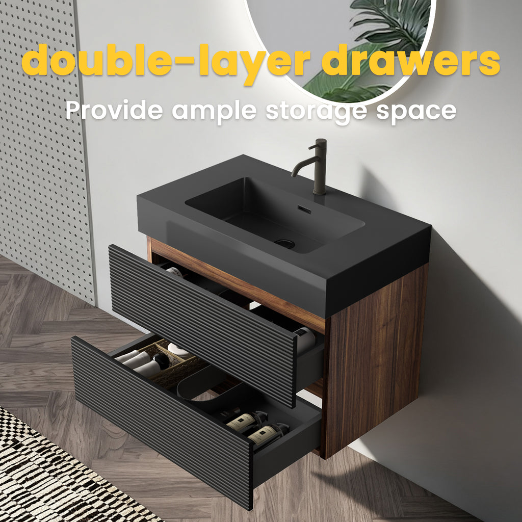 Grace 30-Inch Wall-Mounted Bathroom Vanity, Black and Walnut with Solid Surface Sink