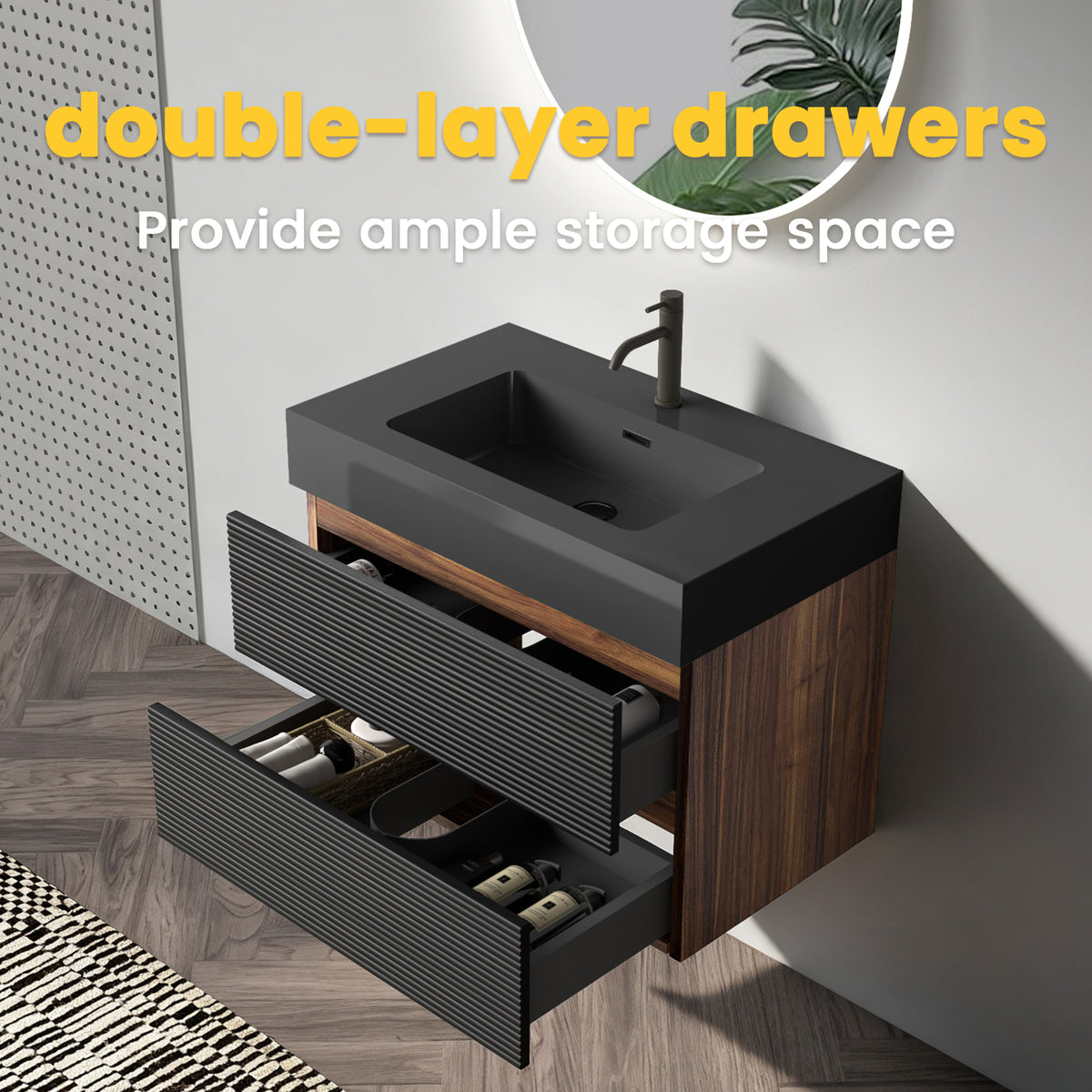 Grace 30-Inch Wall-Mounted Bathroom Vanity, Black and Walnut with Solid Surface Sink